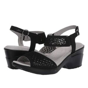 JBU Black Toledo Wedge Sandals Comfort Laser Cut Details Ankle Strap Size 8 New